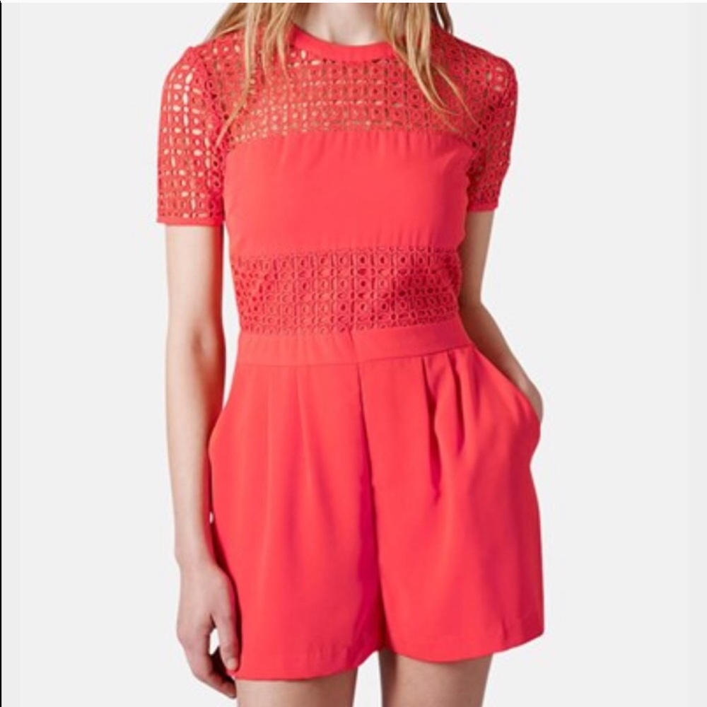 Topshop eyelet coral pink romper shorts